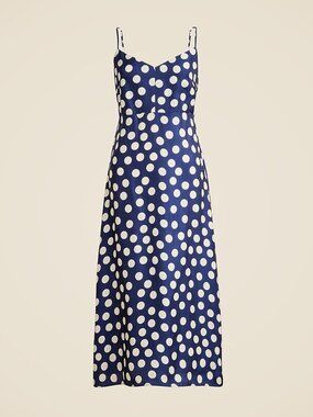 J. Crew Navy and White Polka Dot Spaghetti Strap Midi Dress